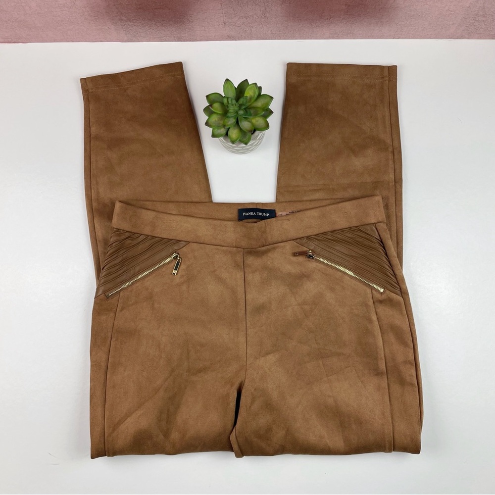 Ivanka Trump Brown Faux Suede Gold Zipper Accent Dress Pants Women Size Large